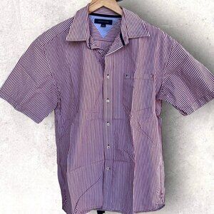 Tommy Hilfiger Mens Red‎ White Strip Short Slv Button Regular Fit Oxford Size L